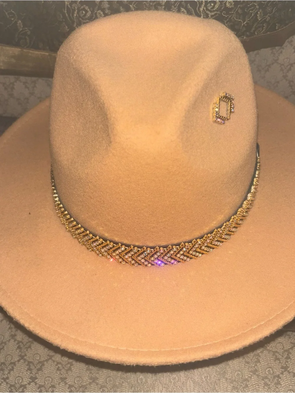 Beige Wide-Brim Fedora Hat with Gold Beaded Band